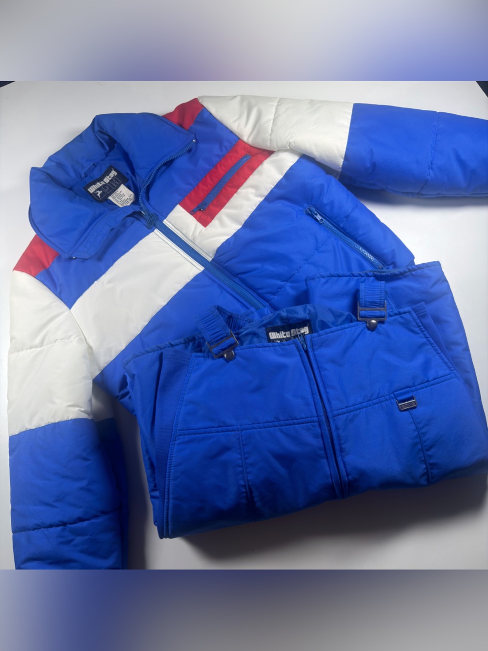 Vintage 80s White Stag Ski Suit Set Blue Colorblock Jacket + Bib Overalls Size M